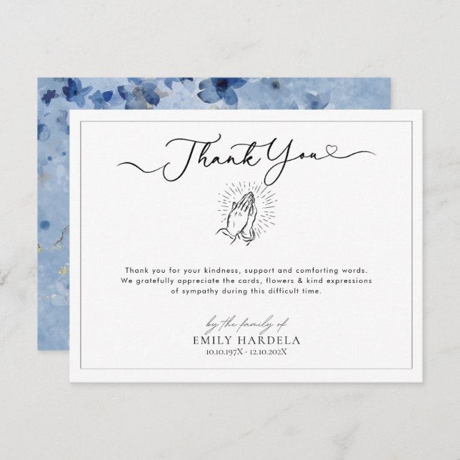 Elegant Golden Blue Floral Funeral Thanks Card  (Front/Back)