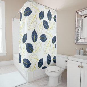Elegant Golden & Blue Leaf Botanical Pattern Shower Curtain