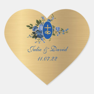 Elegant Golden Blue Wedding Floral Heart Sticker