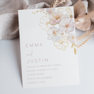 Elegant Golden Blush Botanical Wildflowers Wedding Invitation