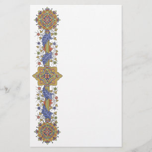 Elegant Golden Border with Blue Leaves Stationery
