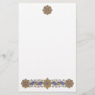 Elegant Golden Border with Blue Leaves Stationery