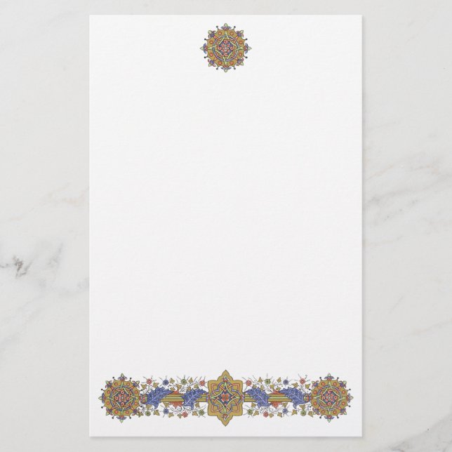 Elegant Golden Border with Blue Leaves Stationery (Front)