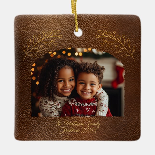 Elegant Golden Branches Arch Photo Brown  Ceramic Ornament (Front)