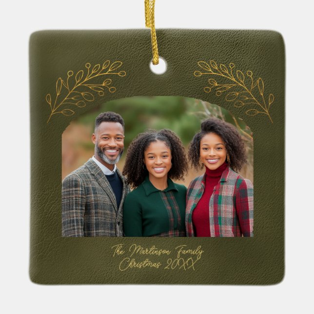 Elegant Golden Branches Arch Photo Green Ceramic Ornament (Front)