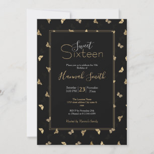 Elegant Golden Butterflies Black Pattern Invitation