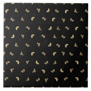 Elegant Golden Butterflies Black Pattern Tile