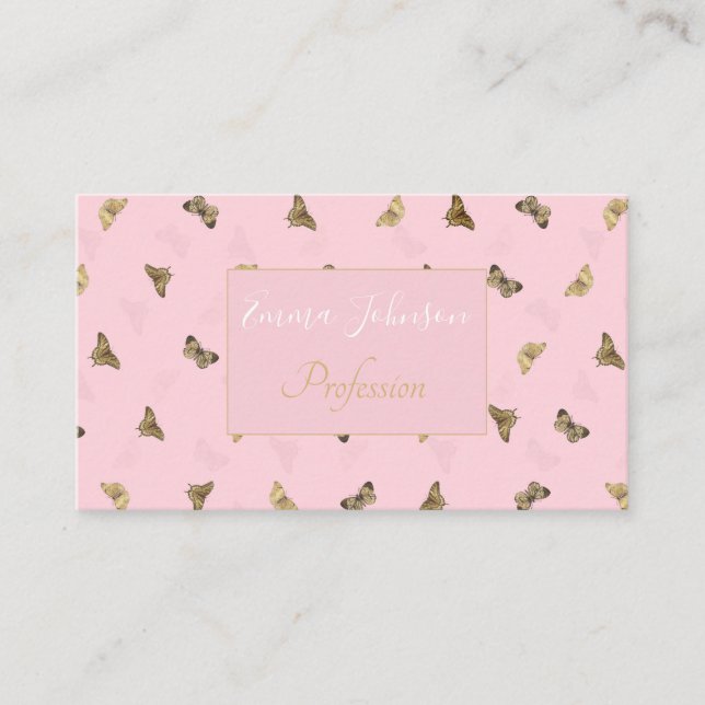 Elegant Golden Butterflies Pink Pattern Business Card (Front)