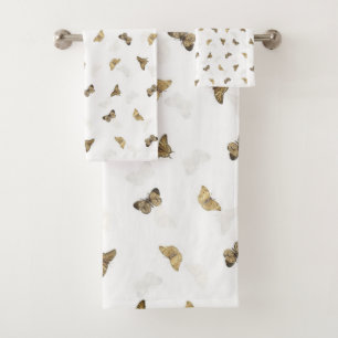 Elegant Golden Butterflies White Pattern Bath Towel Set