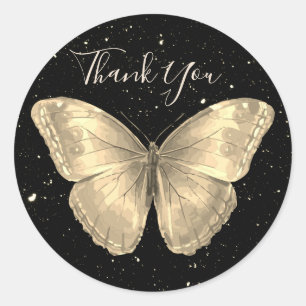 Elegant golden Butterfly and black sky with stars Classic Round Sticker