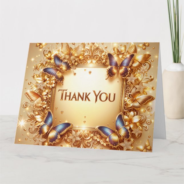 Elegant Golden Butterfly Thank You Card - Customiz (Front)