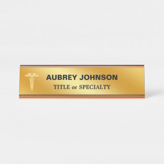 Elegant Golden Caduceus on Golden Gradient Desk Name Plate