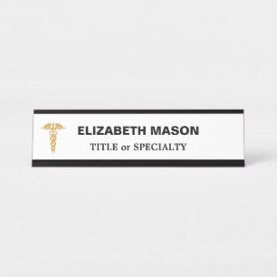 Elegant Golden Caduceus on White Desk Name Plate