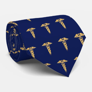 Elegant Golden Caduceus Pattern on Navy Blue Neck  Tie