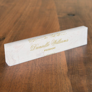 Elegant Golden Calligraphy on White Marble Nameplate