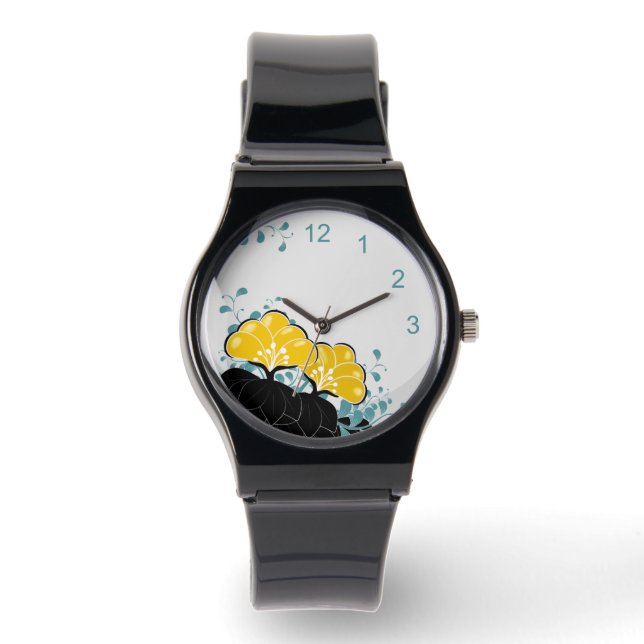 Elegant Golden Camellias Watch with Numbers (Front)