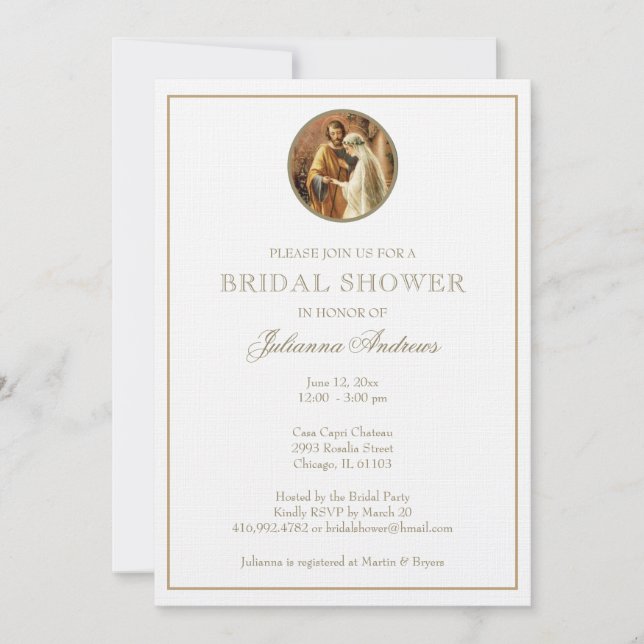 Elegant Golden Catholic Bridal Shower Mary Joseph Invitation (Front)