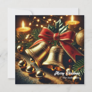Elegant golden Christmas bells and holly berry Holiday Card