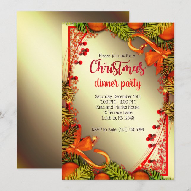 Elegant Golden Christmas Dinner Party Invite (Front/Back)