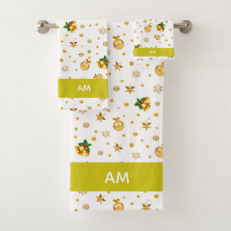 Elegant Golden Christmas Icons & Monogram on White Bath Towel Set