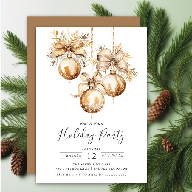 Elegant Golden Christmas Ornaments Holiday Party Invitation (Creator Uploaded)