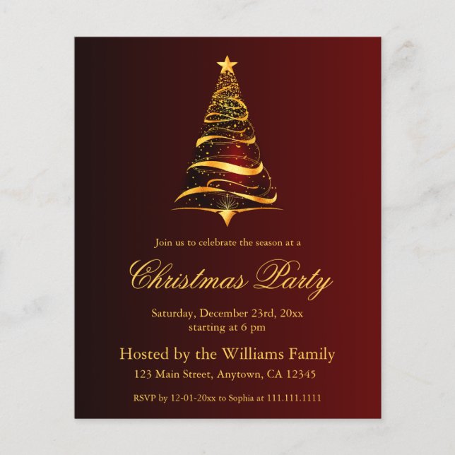 Elegant Golden Christmas Tree Party Budget Card (Front)