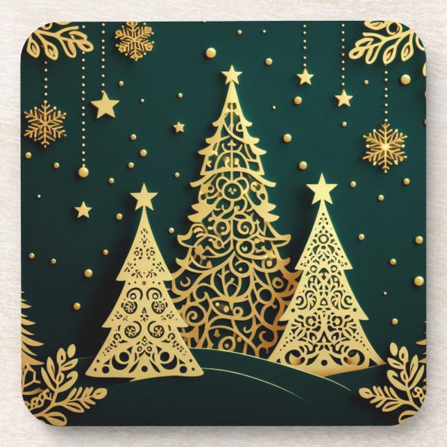 Elegant Golden Christmas Tree Pattern Coaster (Front)