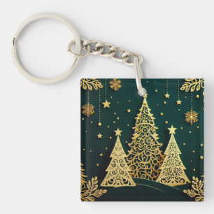 Elegant Golden Christmas Tree Pattern Key Ring