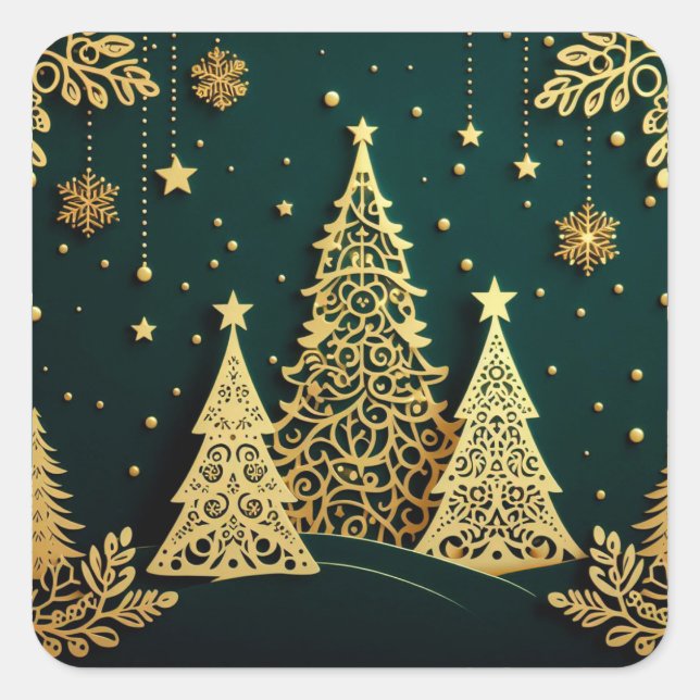 Elegant Golden Christmas Tree Pattern Square Sticker (Front)