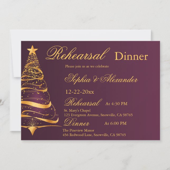 elegant Golden Christmas tree wedding Rehearsal  Invitation (Front)