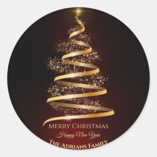 Elegant golden Christmas Tree with sparkle light Classic Round Sticker