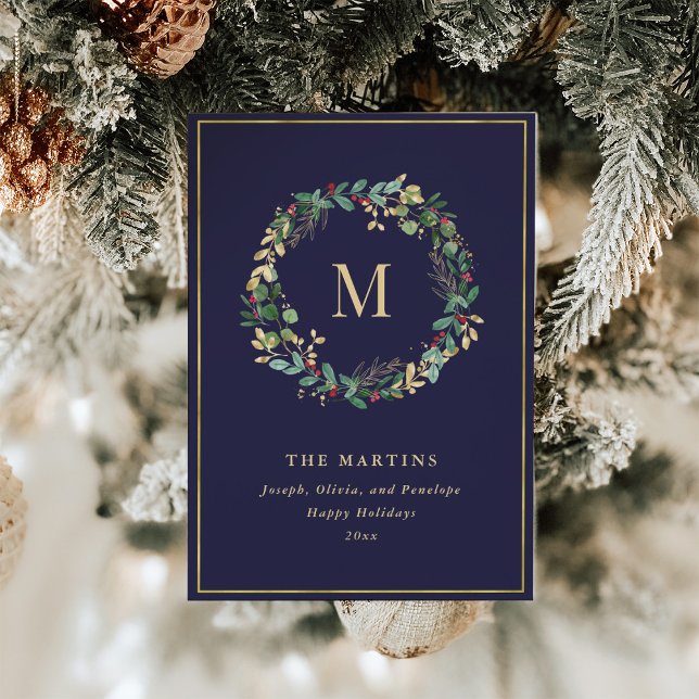 Elegant Golden Christmas Wreath with Monogram Holiday Card (Creator Uploaded)