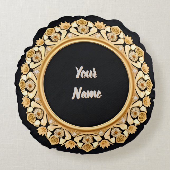 Elegant Golden Circular Frame Round Cushion (Front)