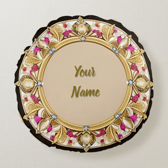 Elegant Golden Circular Frame Round Cushion (Front)
