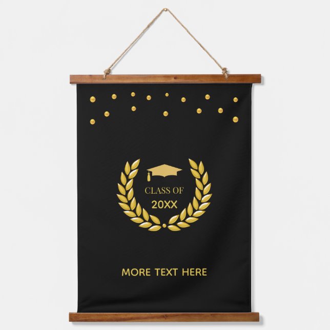 Elegant Golden Class of Graduation on Black Hanging Tapestry (Front)