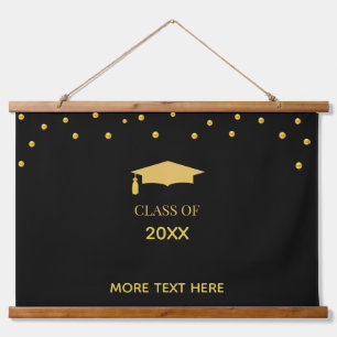 Elegant Golden Confetti Graduation on Black Hanging Tapestry