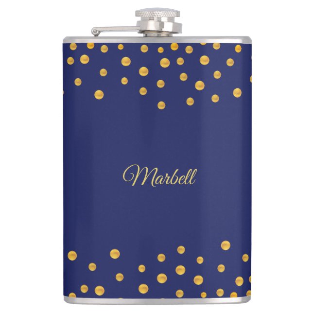 Elegant Golden Confetti on Navy Blue Hip Flask (Front)