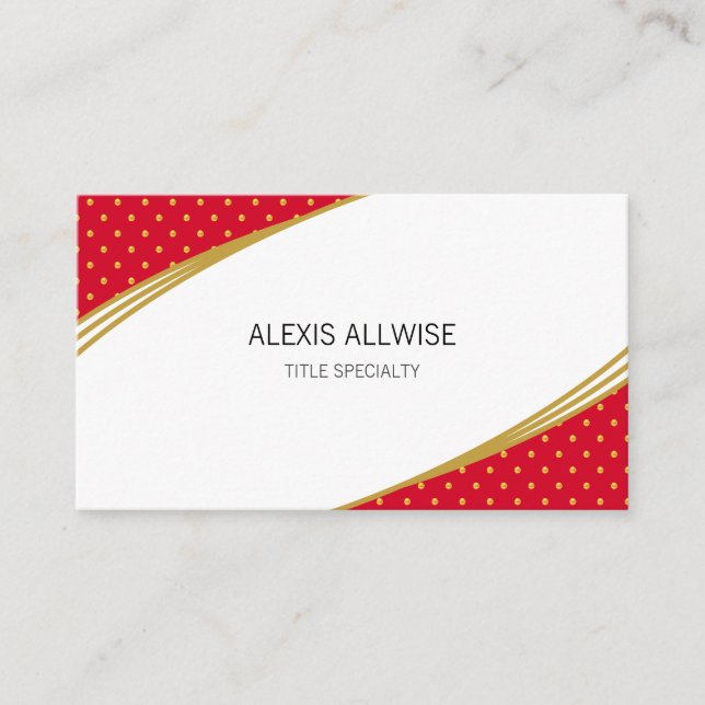 Elegant Golden Confetti on Red & White Business Card (Front)