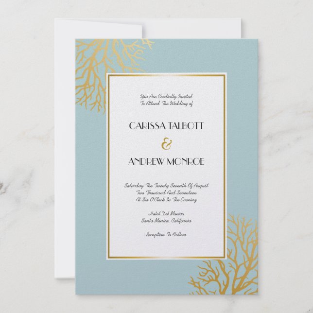 Elegant Golden Coral Reef Branches on Seafoam Invitation (Front)