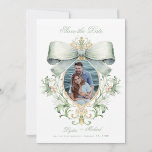 Elegant Golden Crest w/ Green Bow Photo Save The Date