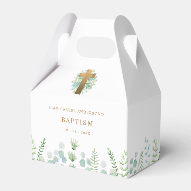 Elegant Golden Cross and Greenery, Religious Event Favour Box (Front Side)