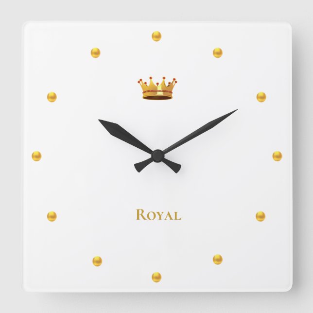 Elegant Golden Crown & Golden Dots on White Square Wall Clock (Front)