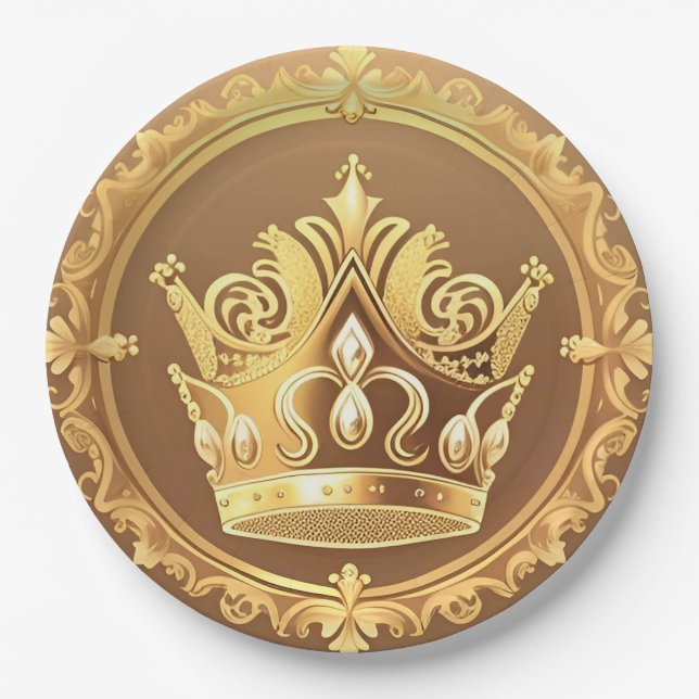 Elegant Golden Crown Paper Plate (Front)