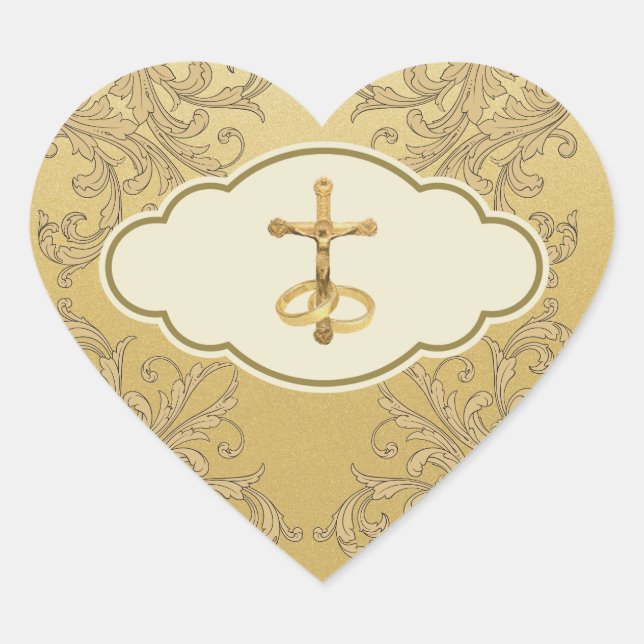 Elegant Golden Crucifix Wedding Rings  Heart Stick Heart Sticker (Front)