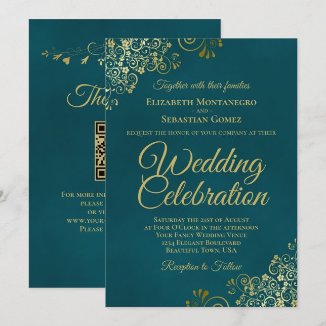 Elegant Golden Curls on Teal QR Code Wedding Invitation (Front/Back)