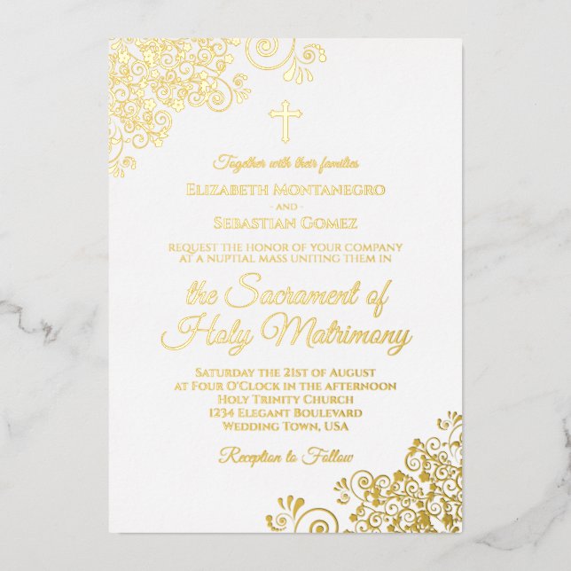 Elegant Golden Curls on White Catholic Wedding (Front)