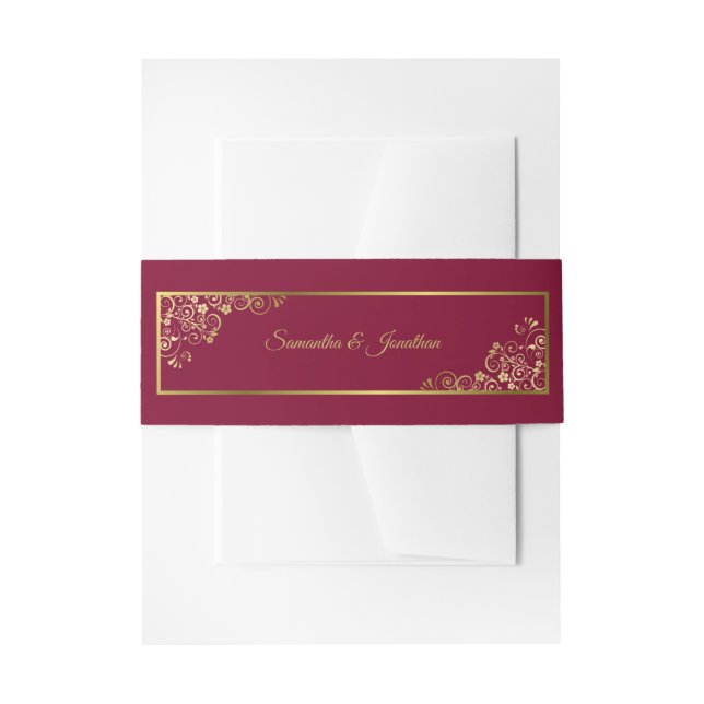Elegant Golden Curls & Swirls Burgundy Wedding Invitation Belly Band (Front Example)
