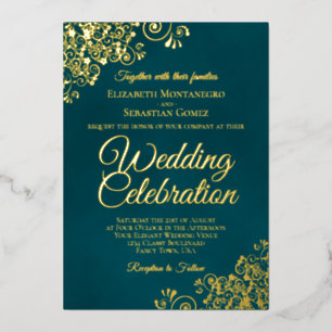 Elegant Golden Curls & Swirls Dark Teal Wedding