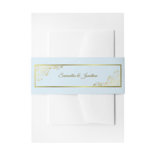 Elegant Golden Curls & Swirls Light Blue Wedding Invitation Belly Band