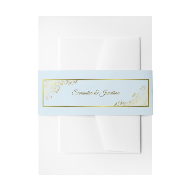 Elegant Golden Curls & Swirls Light Blue Wedding Invitation Belly Band (Front Example)